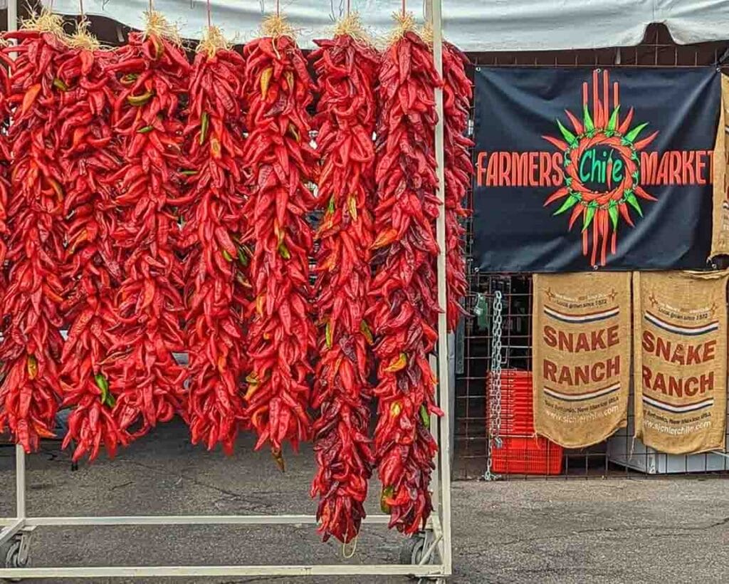 4 and 5 foot Hatch red chile ristras hanging up in front of Farmers Chile Market banner in Albuquerque, New Mexico