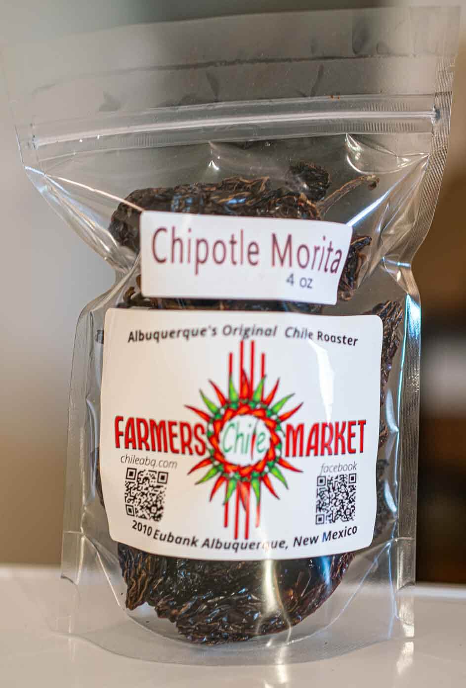 a bag of Mexican chipotle morita from Farmers Chile Market